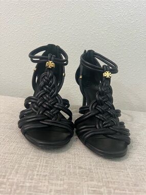 Tory Burch Black Braided Strap Heeled Sandals with Gold Logo